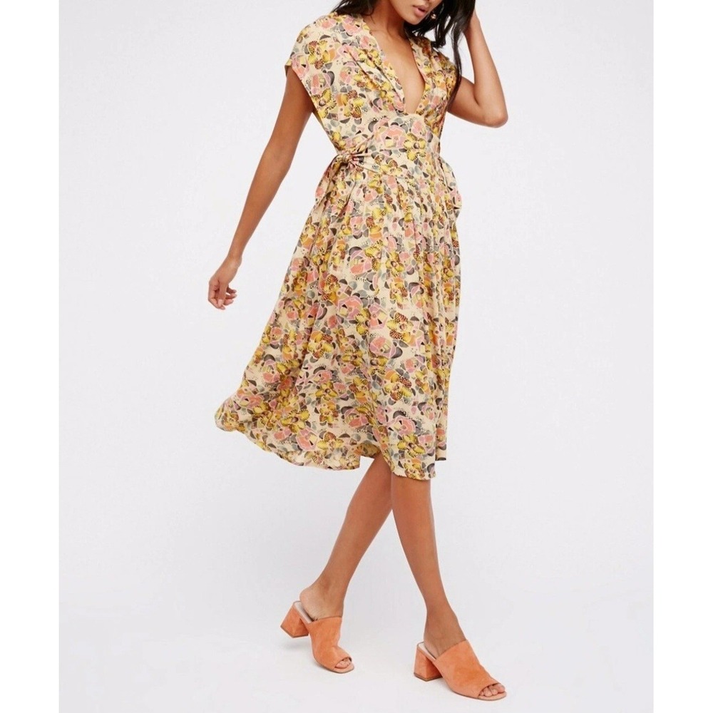 Free‎ People Abstract Floral Plunging V-Neck Wrap Midi Dress Yellow Pink XS